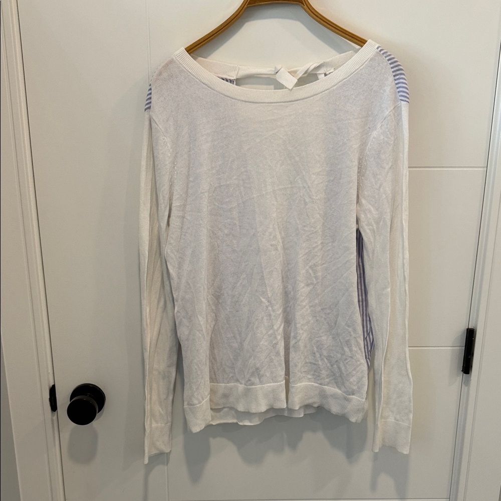 LOFT White Long-Sleeve Top with Blue Stripe Accents size medium
